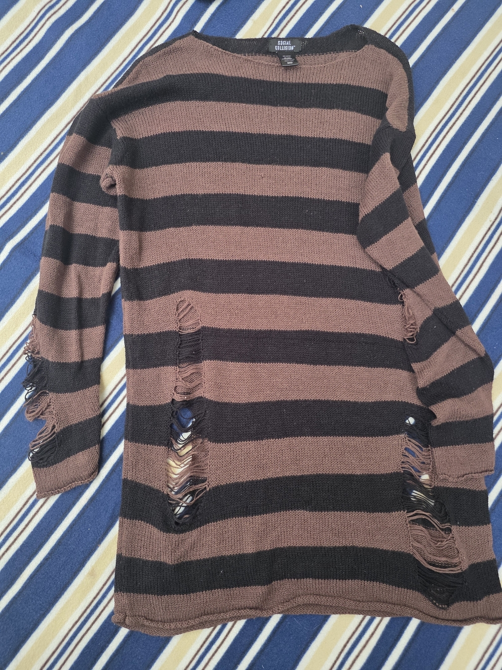 Striped Brown & Black Distressed Crewneck Sweater